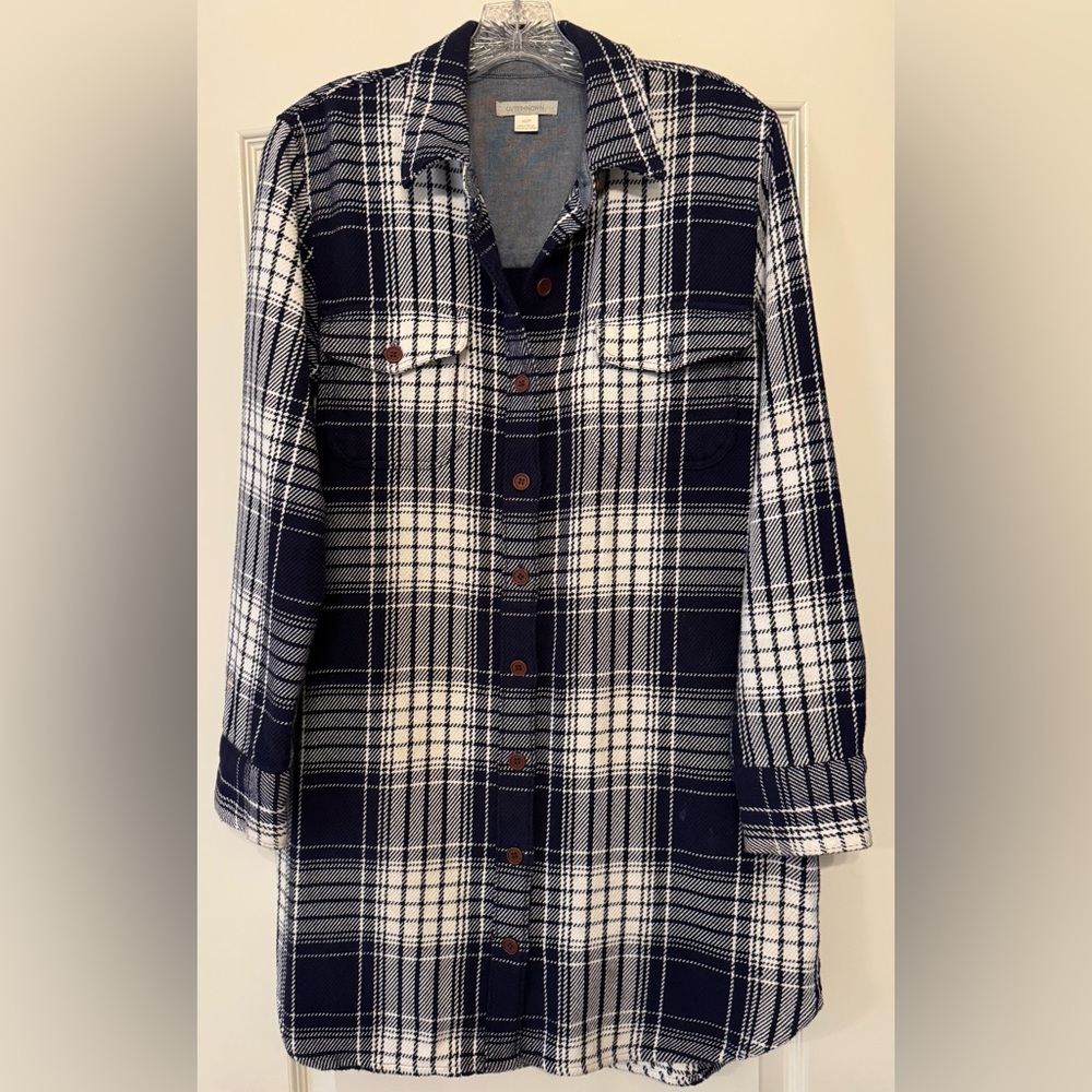 Outerknown Navy and White Plaid Shirt Dress Shacket Coat